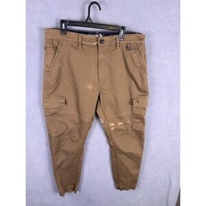 Stone Falcon Slim Fit Mens Cargo Pants Joggers 36 Brown Khaki Stretch STAINS